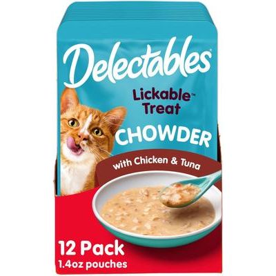 Delectables Lickable Treat Chowder - Galletas para lamer de pollo y atún para gatos, 1.4 oz, caja de 12