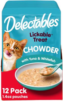 Delectables Lickable Treat Chowder Tuna & Whitefish Lickable Cat Treats, 1.4 oz, caja de 12