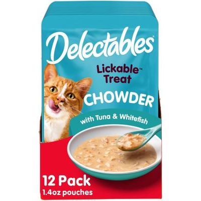Delectables Lickable Treat Chowder - Galletas para lamer de pollo y atún para gatos, 1.4 oz, caja de 12