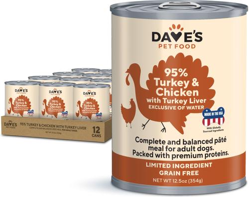 95% Premium Turkey & Chicken Pate Limited Ingredient Grain-Free Canned Wet Dog Food, 12.5-oz can, case of 12