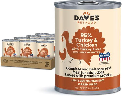 95% Premium Turkey & Chicken Pate Limited Ingredient Grain-Free Canned Wet Dog Food, 12.5-oz can, case of 12