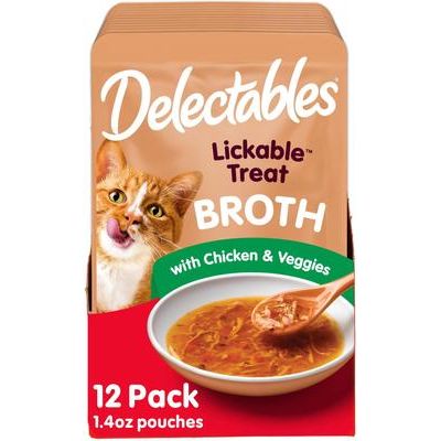Paquete variado de golosinas para lamer Delectables, caldo sabroso, golosinas para gatos, bolsa de 1.4 oz, 12 unidades