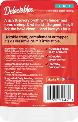 Delectables Lickable Treat Savory Broths Tuna, Shrimp & Whitefish Lickable Cat Treats, 1.4-oz pouch, pack of 12