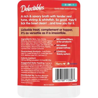 Delicias para lamer Delectables, caldos sabrosos de atún, camarones y pescado blanco, golosinas para lamer para gatos, bolsa de 1.4 oz, paquete de 12