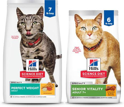 Paquete: Hill's Science Diet 7+ Senior Vitality Chicken Recipe (bolsa de 2.7 kg) + Alimento seco para gatos Perfect Weight Chicken Recipe (bolsa de 3.2 kg)
