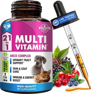 Multivitamínico líquido 21 en 1 con glucosamina y arándano para el bienestar general de perros y gatos, 60 ml