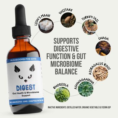 Digest Mushroom Extract & Adaptogen Blend Gut Health + Digestive Liquid Supplement for Cats, 2-oz bottle