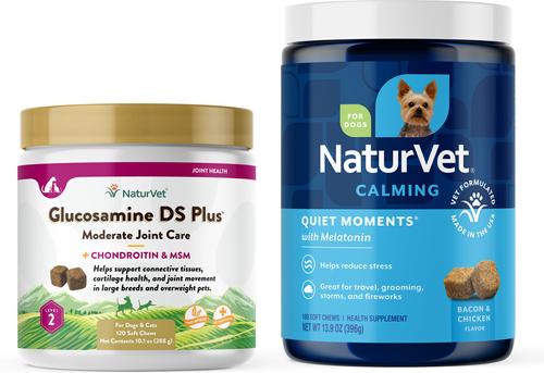 Bundle: NaturVet Quiet Moments Calming Aid Plus Melatonin Soft Chews Dog Supplement,13.9-oz tub, 180 count + NaturVet Glucosamine DS Plus MSM & Chondroitin Dog & Cat Soft Chews, 120 count