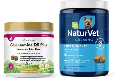 Bundle: NaturVet Quiet Moments Calming Aid Plus Melatonin Soft Chews Dog Supplement,13.9-oz tub, 180 count + NaturVet Glucosamine DS Plus MSM & Chondroitin Dog & Cat Soft Chews, 120 count