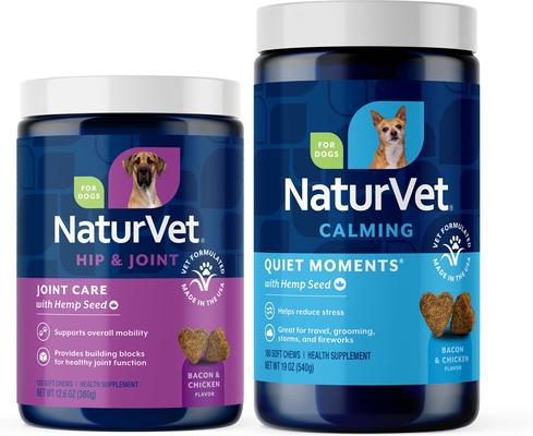 Bundle: NaturVet Hemp Quiet Moments Plus Hemp Seed Dog Soft Chews, 180 count + NaturVet Hemp Joint Health Plus Hemp Seed Soft Chews Dog Supplement, 120 count