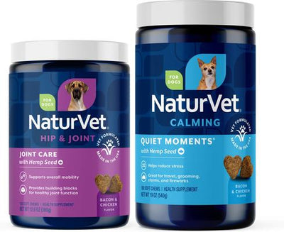 Paquete: NaturVet Hemp Quiet Moments Plus, masticables blandos de semillas de cáñamo para perros, 180 unidades + NaturVet Hemp Joint Health Plus, suplemento masticable blando de semillas de cáñamo para perros, 120 unidades