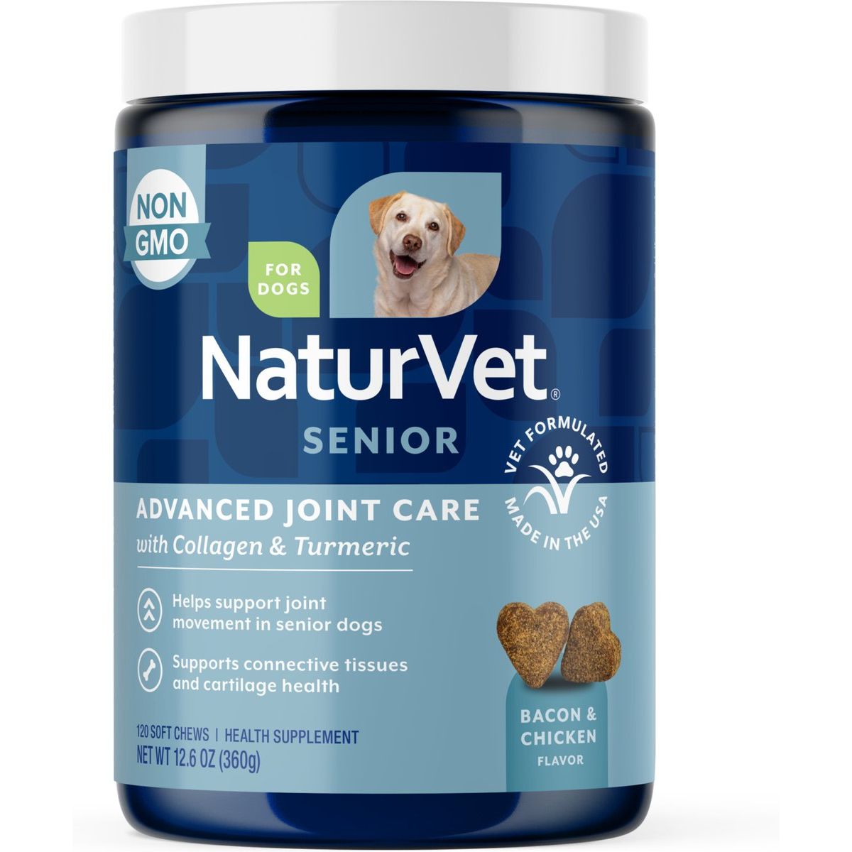 NaturVet Advanced Joint Care Senior, 120 masticables blandos sabor tocino y pollo, frasco 357 g