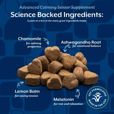 NaturVet, Advanced Calming Senior, masticables con melatonina, manzanilla, pasiflora y ashwagandha para perros mayores, tocino ahumado, 60 / 120 unidades