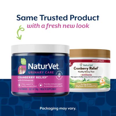 NaturVet, Cranberry Relief Urinary Care, suplemento en polvo con arándano, equinácea y vitamina C para perros y gatos, 47 g