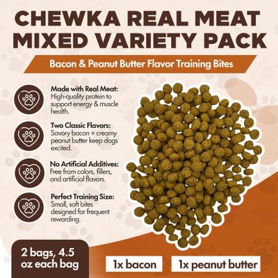 Chewka Real Meat Mixed Variety Pack Bacon & Peanut Butter Flavor Training Bites Dog Treats, 4.5-oz bag, 2 count