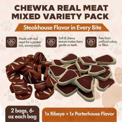 Chewka Real Meat Soft & Chewy Mixed Variety Pack Juicy Porterhouse & Ribeye Flavor Dog Treats, 6-oz bag, 2 count