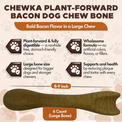 Chewka Bacon Flavored Plant-Forward Fully Digestible Dog Chew Bone, Large, 6 count