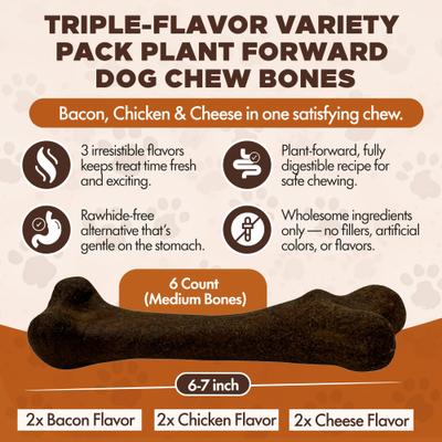 Chewka Mixed Variety Pack Bacon, Chicken & Cheese Flavored Plant-Forward Fully Digestible Dog Chew Bone, Medium, 6 count