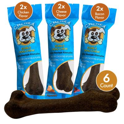 Chewka Mixed Variety Pack Bacon, Chicken & Cheese Flavored Plant-Forward Fully Digestible Dog Chew Bone, Medium, 6 count