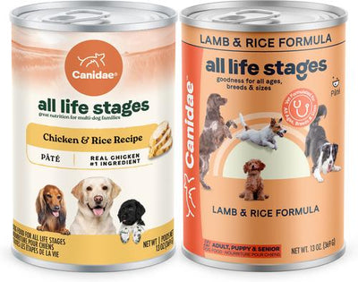 Paquete: Comida enlatada para perros CANIDAE Lamb & Rice Formula + Chicken & Rice Formula