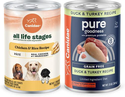 Paquete: Alimento enlatado para perros CANIDAE PURE con receta de pato y pavo con ingredientes limitados + fórmula de pollo y arroz