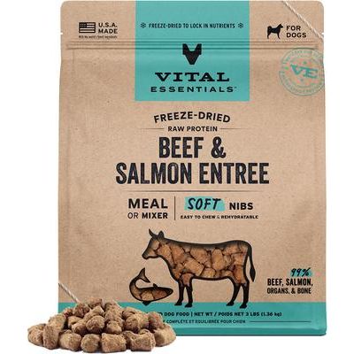 Comida para perros liofilizada cruda sin cereales con mezcla de carne de res y salmón y trocitos suaves, bolsa de 3 lb