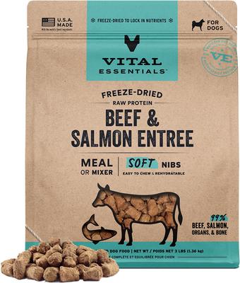Comida para perros liofilizada cruda sin cereales con mezcla de carne de res y salmón y trocitos suaves, bolsa de 3 lb