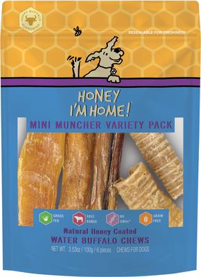 ! Mini Muncher Variety Pack Natural Honey Coated Buffalo Chews Grain-Free Dog Treats, 6 count
