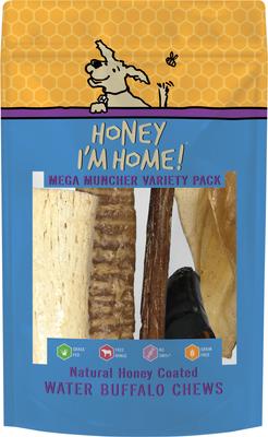 ¡Mega Muncher Variety Pack - Golosinas masticables de búfalo recubiertas de miel natural sin cereales para perros, 5 unidades!