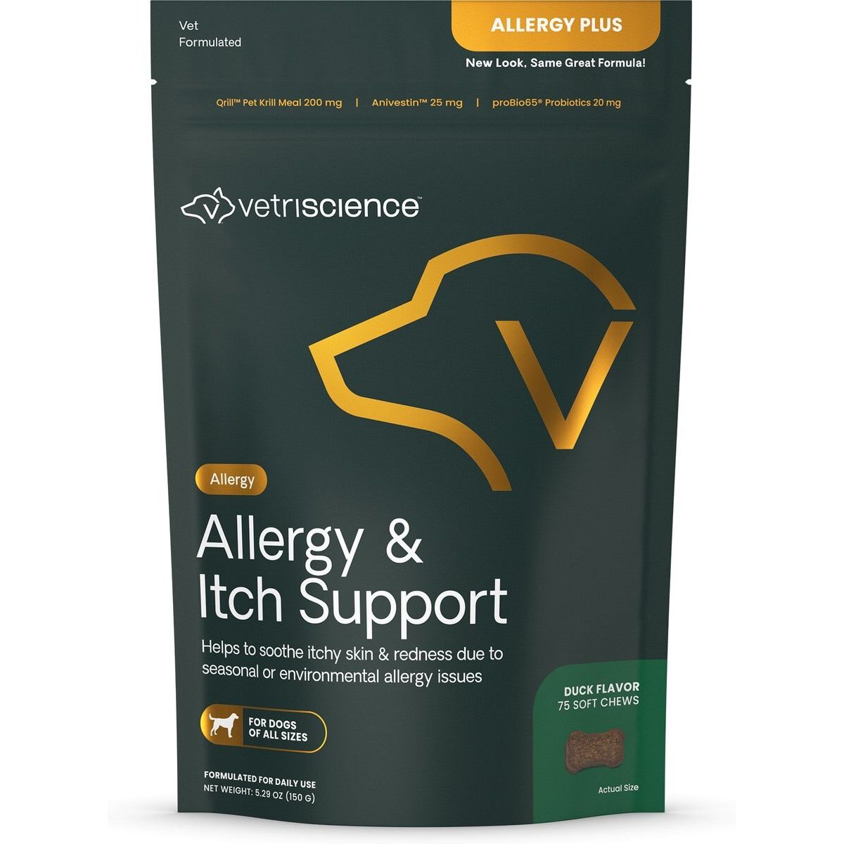 Allergy & Itch Support Allergy Plus Skin & Immune Supplement for, sabor Pato. 75 unidades.