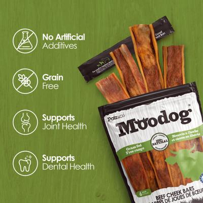Moodog Beef Grain-Free Soft & Chewy Cheek Strips Bars Dog Treats, 6-oz bag, 6 count