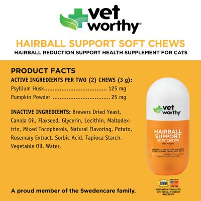 Feline Hairball Support with Pumpkin Soft Chew Skin & Coat Supplement for Cats, 60 count
