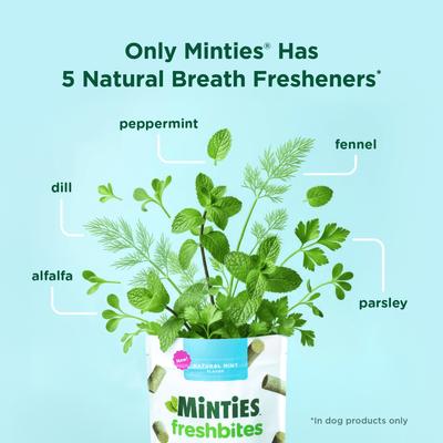 Minties, FreshBites - Premios Dentales Suaves para Perros, Alfalfa + Menta + Hinojo + Eneldo + Perejil, sabor Pollo, 50 / 100 unidades.