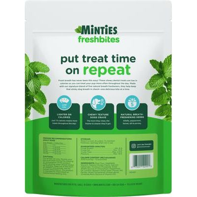 Minties, FreshBites - Premios Dentales Suaves para Perros, Alfalfa + Menta + Hinojo + Eneldo + Perejil, sabor Pollo, 50 / 100 unidades.