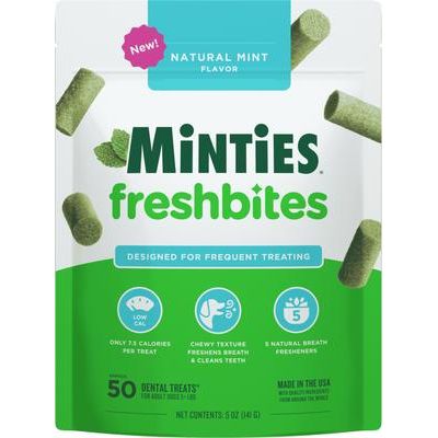 Minties, FreshBites - Premios Dentales Suaves para Perros, Alfalfa + Menta + Hinojo + Eneldo + Perejil, sabor Pollo, 50 / 100 unidades.