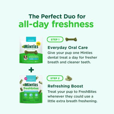 Minties, FreshBites - Premios Dentales Suaves para Perros, Alfalfa + Menta + Hinojo + Eneldo + Perejil, sabor Pollo, 50 / 100 unidades.