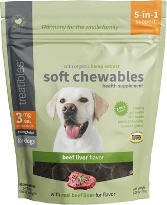Extracto de cáñamo de amplio espectro, sabor a hígado de res canino, suplemento calmante masticable suave para perros, 3 mg, 60 unidades