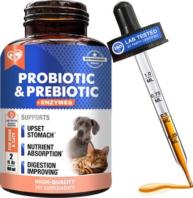 Probiotics & Prebiotics with Enzymes Liquid Supplement for Digestive Support in Dogs & Cats, 2-fl oz bottle
