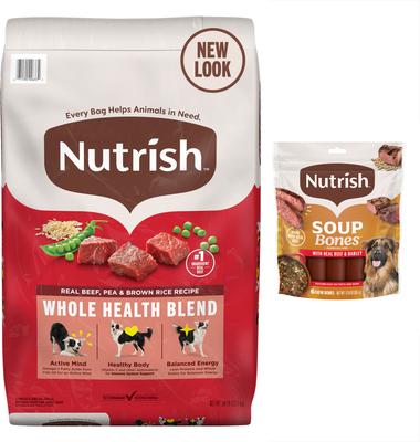 Paquete: Alimento seco Rachael Ray Nutrish con receta de carne de res, guisantes y arroz integral + premios para perros con sabor a carne de res y cebada y huesos para sopa