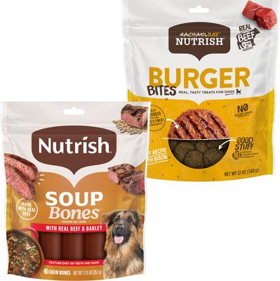 Paquete: Bocados de hamburguesa Nutrish de Rachael Ray, hamburguesa de res con bisonte + golosinas para perros con sabor a res y cebada y huesos de sopa