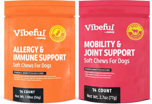Bundle: Vibeful Favorites Bundle – Mobility & Allergy Support Beef & Peanut Butter Dog Soft Chew Supplements, 28 count