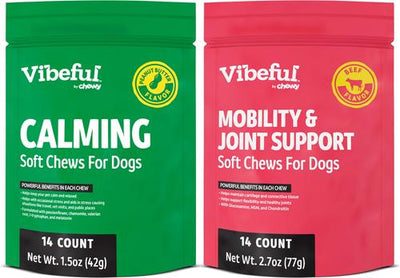 Bundle: Vibeful Favorites Bundle – Mobility & Calming Support Beef & Peanut Butter Dog Soft Chew Supplements, 28 count