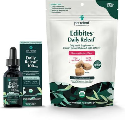 Bundle: Pet Releaf Favorites - Edibites Daily ReleafBlueberry Cranberry & 100-mg Full Spectrum Hemp Small Dog Supplement, Chew & Liquid Bundle