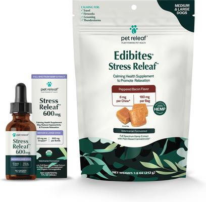 Bundle: Pet Releaf Favorites - Edibites Calming Bacon & Ashwaganda Full Spectrum Hemp Medium & Large Dog Supplement, Chew & Liquid Bundle
