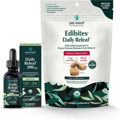 Bundle: Pet Releaf Favorites - Edibites Daily ReleafBlueberry Cranberry & 200-mg Full Spectrum Hemp Medium & Large Dog Supplement, Chew & Liquid Bundle