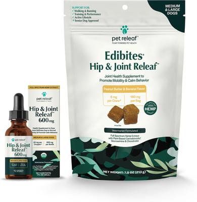 Bundle: Pet Releaf Favorites - Edibites Mobility Peanut Butter, Banana & Devil's ClawFull Spectrum Hemp Medium & Large Dog Supplement, Chew & Liquid Bundle