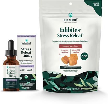 Bundle: Pet Releaf Favorites - Edibites Calming Bacon & Ashwaganda Full Spectrum Hemp Small Dog Supplement, Chew & Liquid Bundle