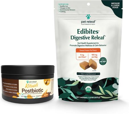 Bundle: Pet Releaf Favorites - Edibites Digestive SupportSweet Potato Full Spectrum Hemp Medium & Large Dog Supplement, Chew & Powder Bundle