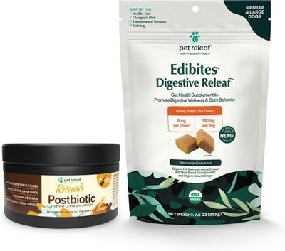 Bundle: Pet Releaf Favorites - Edibites Digestive SupportSweet Potato Full Spectrum Hemp Medium & Large Dog Supplement, Chew & Powder Bundle