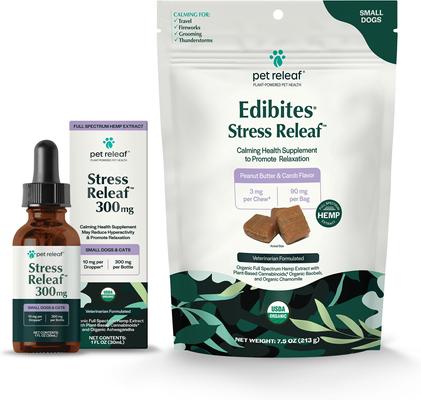 Bundle: Pet Releaf Favorites - Edibites Calming Peanut Butter & Ashwaganda Full Spectrum Hemp Small Dog Supplement, Chew & Liquid Bundle